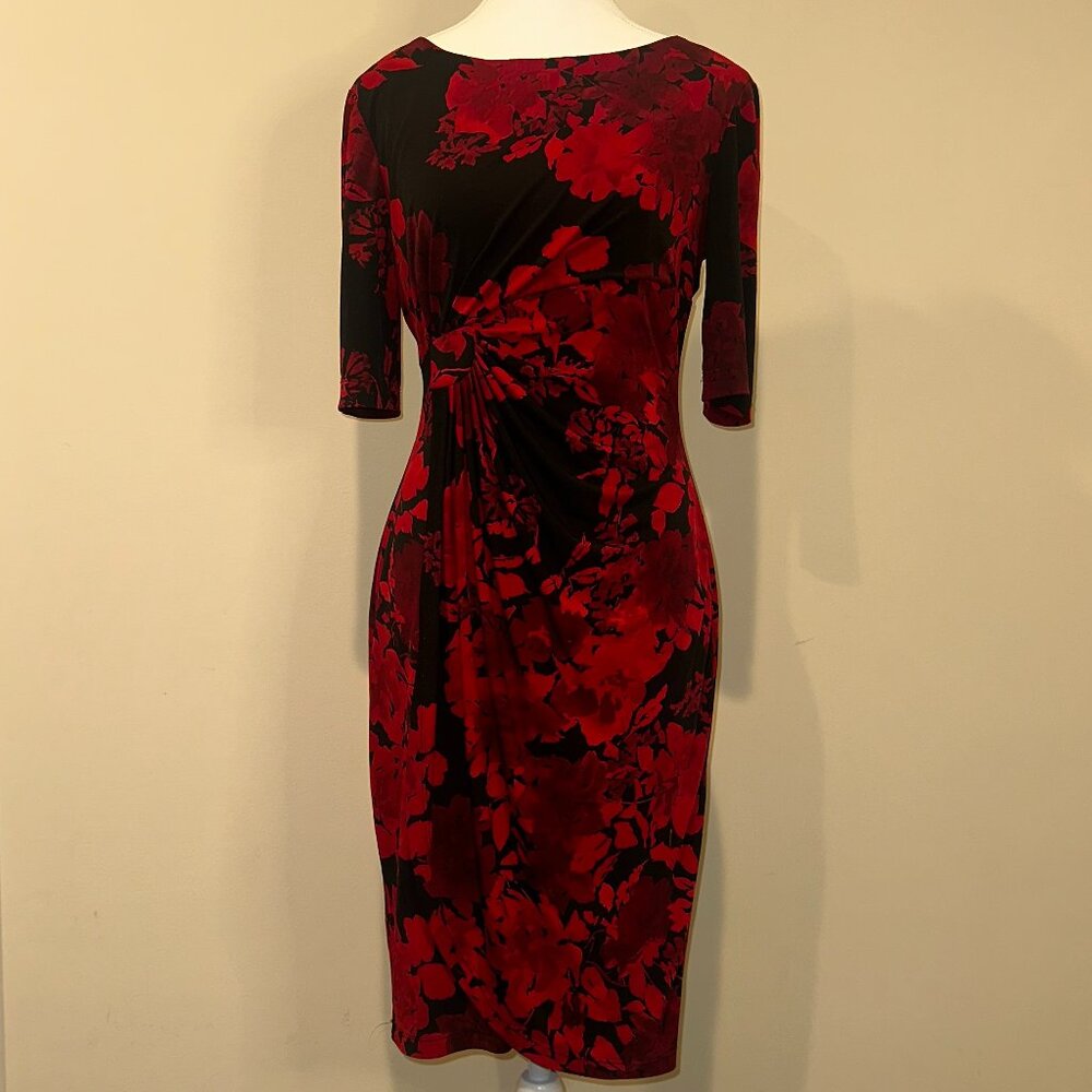 Connected Apparel -Elegant Red & Black Floral Midi Dress | Ruched Waist | Size 6